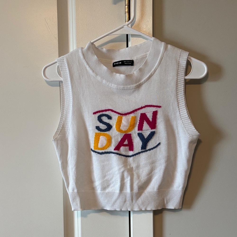 White Sleeveless Knit Top with Colorful 'Sunday' Design